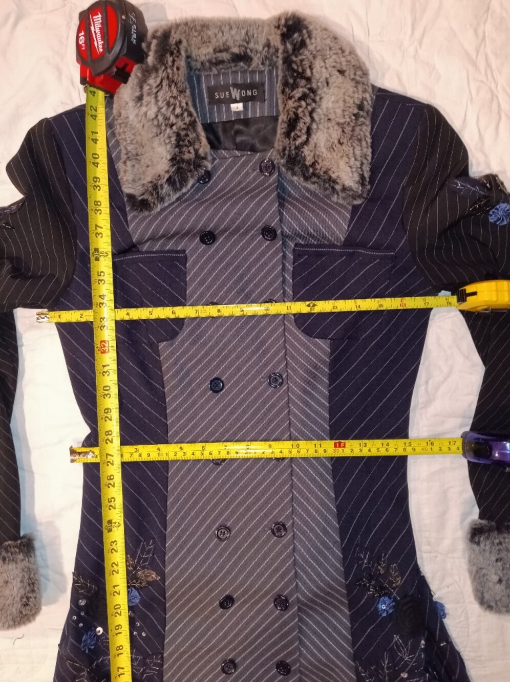 Price Firm Vintage Sue Wong Matching Coat & Dress Set Sz6 Black Blue Grey Beaded - Picture 10 of 12